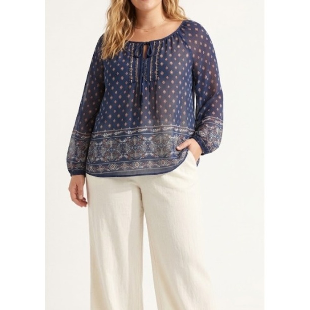 Blu Pepper Blouse Large Blue Boho Beaded Sheer Geometric Festival